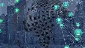 Animation of connected icons globes over computer language and globe against modern buildings. Digital composite, multiple exposure, communication, globalization and architecture concept. - Powered by Shutterstock - Get 15% off with code: PIKWIZARD15