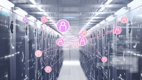 Animation of connected profile icons and computer language over data server room. Digital composite, social media, coding, database, security, data center, networking, technology and network server. - Powered by Shutterstock - Get 15% off with code: PIKWIZARD15