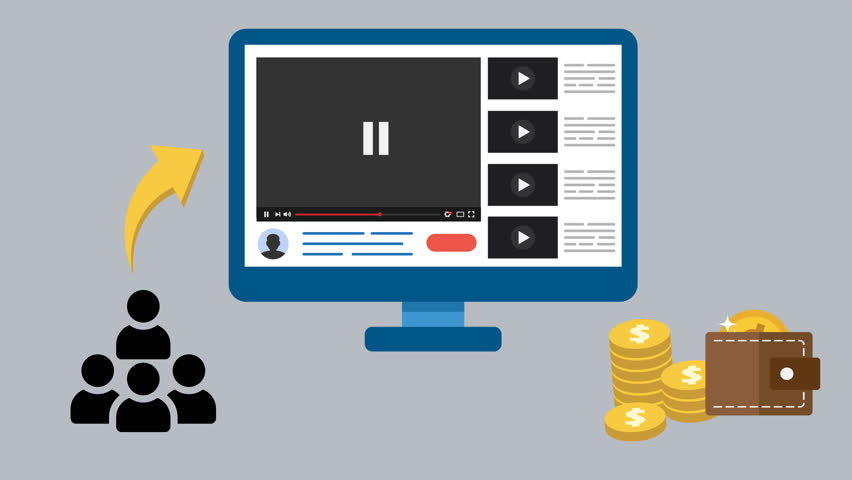 Monetize video and earn money from Online. People watching Video contents showing ads make revenue. Video player with monitor and coins falling down in wallet. Advertising monetization infographic. Royalty-Free Stock Footage #1105846813