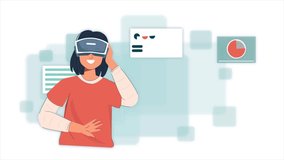Girl Using VR technology and showing some infographics, futuristic technology concept. 4k resolution