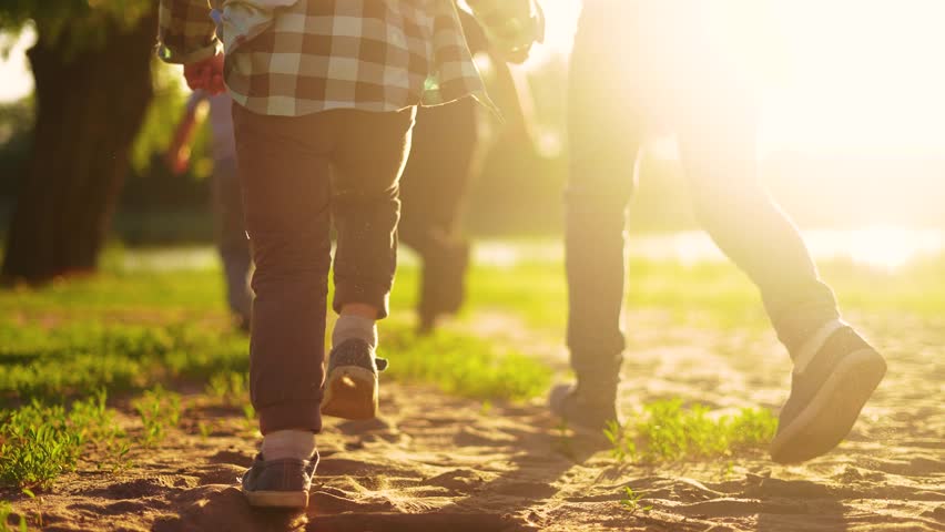children in the park. group of children legs close up run in nature in the park silhouette hold hands. happy family kid dream concept. happy kids run together lifestyle silhouette Royalty-Free Stock Footage #1105853335