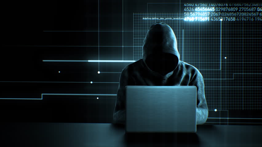 Hacker in Hood Working in Dark Abstract Room Laptop Keyboard Typing with Digital Virtual Script Texts and Numbers Flying. Anonymous Man Without Face Hacking System. Hacker Attack Concept 4k UHD.  Royalty-Free Stock Footage #1105853601