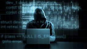 Hacker in Hood Working in Dark Abstract Room Laptop Keyboard Typing with Digital Virtual Script Texts and Numbers Flying. Anonymous Man Without Face Hacking System. Hacker Attack Concept 4k UHD.  - Powered by Shutterstock - Get 15% off with code: PIKWIZARD15