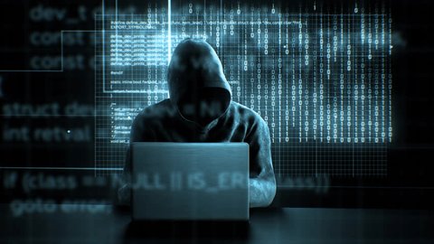 Hacker in Hood Working in Dark Abstract Room Laptop Keyboard Typing with Digital Virtual Script Texts and Numbers Flying. Anonymous Man Without Face Hacking System. Hacker Attack Concept 4k UHD.  : vidéo de stock