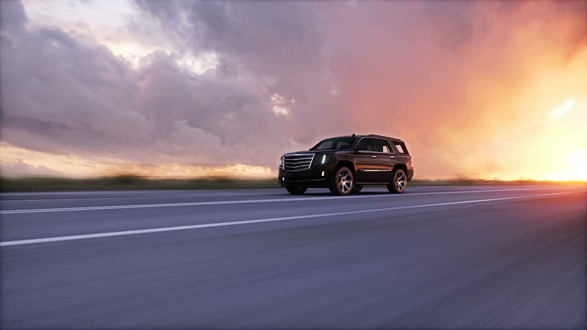 big black luxury car on highway. Very fast driving.