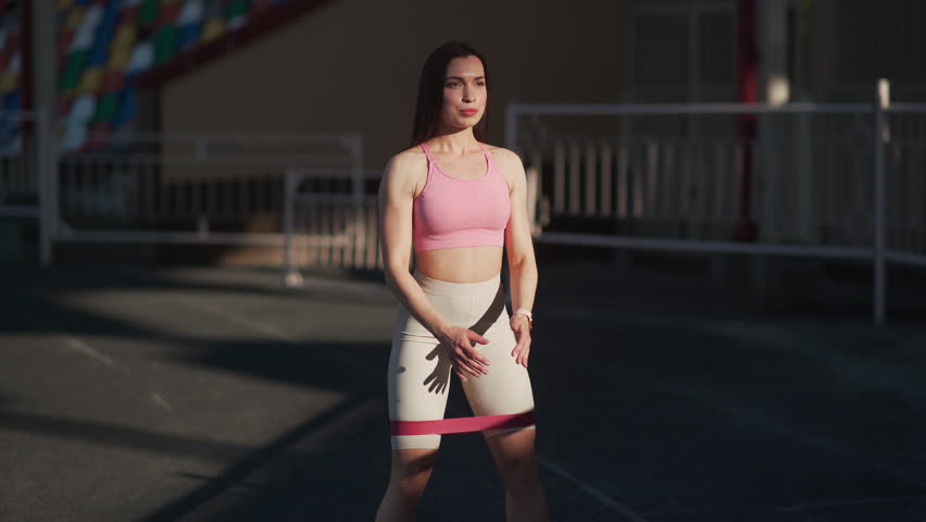 Cute girl athlete doing squats and smiling at the camera. Portrait of a cute girl runner at the stadium. Sport and healthy lifestyle concept.