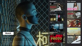 Trailer of cyberpunk movie on streaming service app - woman with shaved head in dystopian landscapes, neon hieroglyphs, man in demon mask, underground transplant clinic, robot, hacker in AR headset