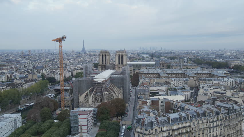 Aerial of the Cathredale Notre-Dame de Paris and its surrounds