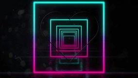 Animation of neon heart icon over tunnel on neon squares on black background. Global social media, online communication, computing and data processing concept digitally generated video.