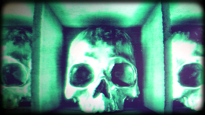 An abstract animation loop showing an endless collection of human skulls on display with a distorted and glitch style footage effect.
