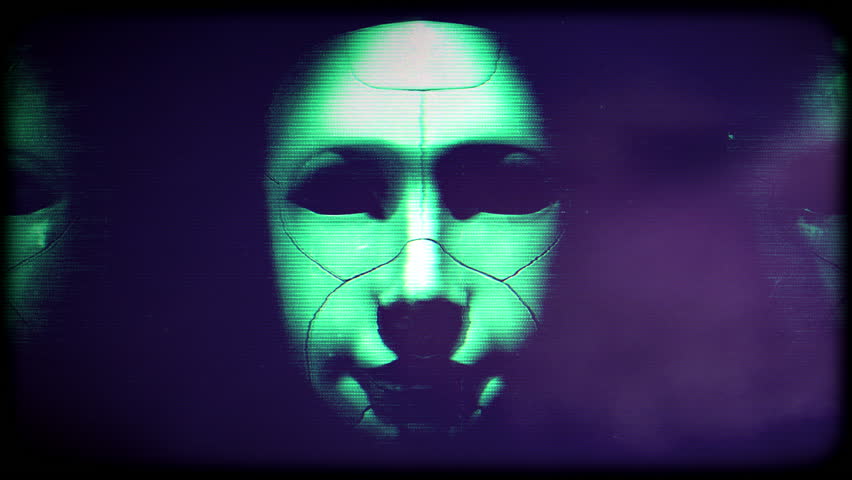 An abstract animation loop showing an endless collection of masks or synthetic faces, with a distorted and glitch style footage effect.
