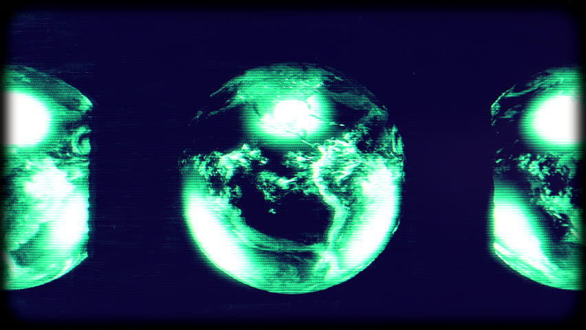 An abstract animation loop showing endless planet earth copies, depicting the idea of the multiverse or different dimensions in space and time, with a distorted and glitch style footage effect.
