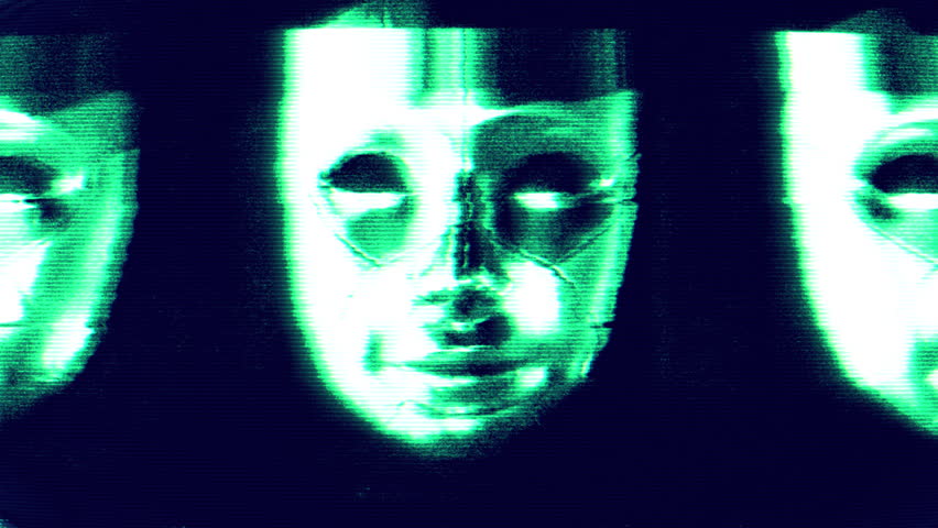 An abstract animation loop showing an endless collection of masks or synthetic faces, with a distorted and glitch style footage effect.
