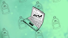 Animation of laptop and school bags items over green background. Global school, learning, education, computing and data processing concept digitally generated video. - Powered by Shutterstock - Get 15% off with code: PIKWIZARD15