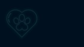 Glowing neon line Heart with animals footprint icon isolated on black background. Pet paw in heart. Love to the animals. 4K Video motion graphic animation.