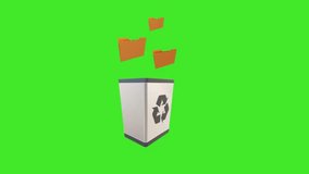 Modern 3d recycle bin folder on green background. Motion graphics green screen animation. 4K