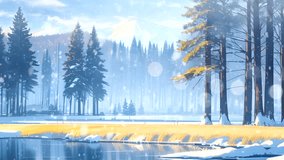 Beautiful fantasy winter landscape and trees animated background in Japanese anime watercolor painting illustration style. seamless looping video animated background.