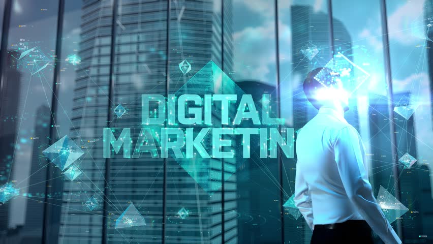 Digital Marketing. Businessman Working in Office among Skyscrapers. Hologram Concept Royalty-Free Stock Footage #1105868403