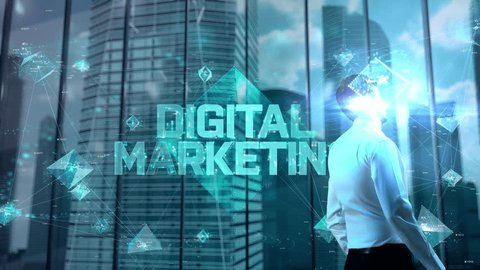 Digital Marketing. Businessman Working in Office among Skyscrapers. Hologram Concept Stockvideo