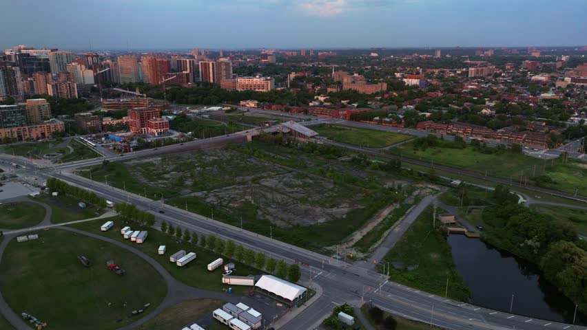 The vacant lot of the Lebreton Flats in Ottawa, as seen from a birds eye view. Royalty-Free Stock Footage #1105873115
