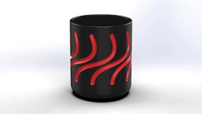 360 degree view of Black Mug Red Stripes pattern. mug 3d render. HD Video clip of Rotating cup isolated on white background