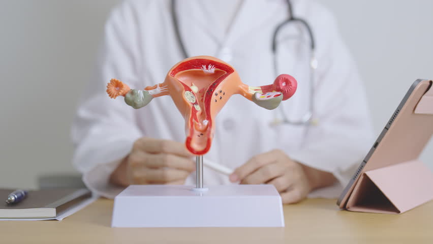 Doctor with Uterus and Ovaries anatomy model and tablet. Ovarian and Cervical cancer, Cervix disorder, Endometriosis, Hysterectomy, Uterine fibroids, Reproductive system, Pregnancy Royalty-Free Stock Footage #1105882807