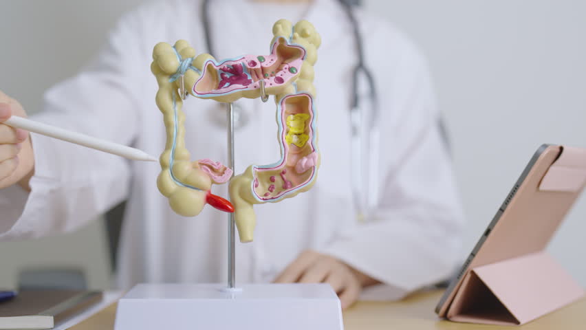 Doctor with human Colon anatomy model and tablet. Colonic disease, Large Intestine, Colorectal cancer, Ulcerative colitis, Diverticulitis, Irritable bowel syndrome and Digestive system  Royalty-Free Stock Footage #1105882823