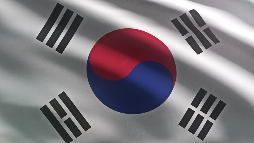 Animation of the East Asian country Republic of South Korea national symbol. South Korea national flag with a red blue symbol on white background. South Korea national symbol with four black trigrams.