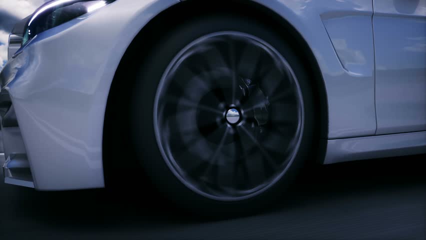 Generic white car on highway. Very fast driving.