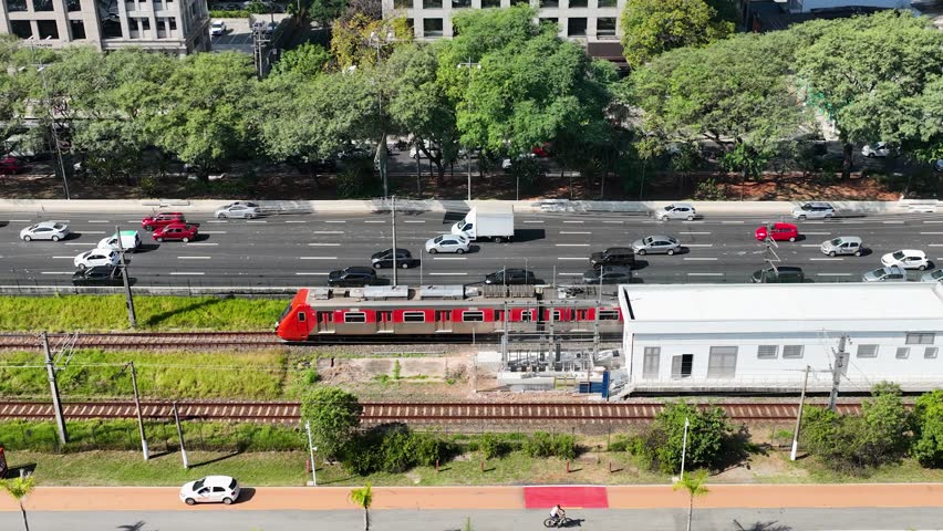 Collective Transport At Downtown In Sao Paulo Brazil. Cityscape Train. Traffic Road. Sao Paulo Brazil. Urban Landscape. Collective Transport At Downtown In Sao Paulo Brazil.