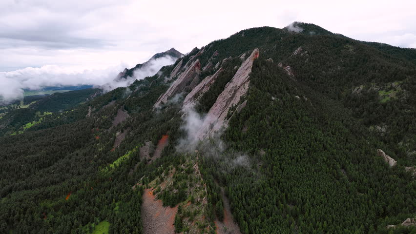 Aerial view of iconic pointed slabs of Flatirons in Chautauqua Park, Boulder