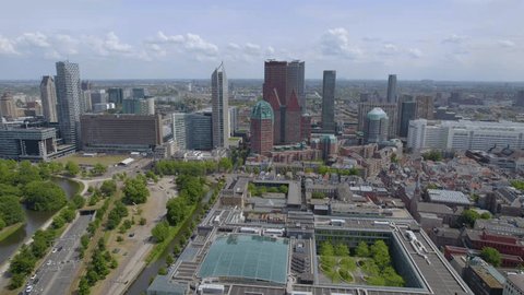 The drone aerial footage of Hague City Skyline with urban skycrapers. The Hague (Den Haag) is a city and municipality of the Netherlands. Adlı Stok Video