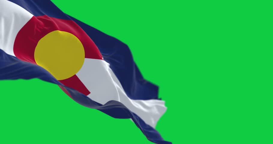 Colorado state flag waving on a green screen. Blue, white, and blue stripes. Red C with gold disk on top. Seamless 3D render animation. Green screen. Chroma key. Slow motion loop. 4K resolution Royalty-Free Stock Footage #1105900273