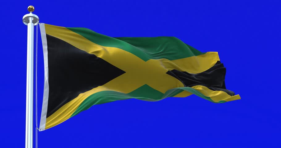Jamaica national flag waving on blue screen. Gold saltire dividing it into four sections: two green and two black. Seamless 3D render animation. Blue screen. Chroma key. Slow motion loop. 4K Royalty-Free Stock Footage #1105900283