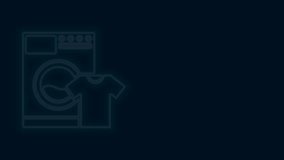 Glowing neon line Washer and t-shirt icon isolated on black background. Washing machine icon. Clothes washer, laundry machine. Home appliance symbol. 4K Video motion graphic animation.