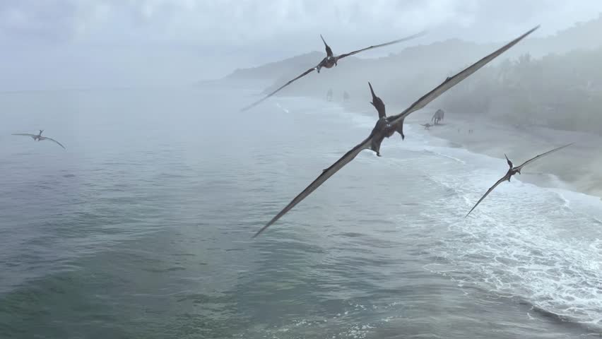 Dinosaurs Era coastal shot show flying Pterosaurs and Acrocanthosaurus