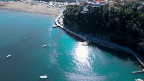 Resort on the Ligurian coast. Drone video of a beautiful city on the sea and the bay of fairy tales Top view  Sestri levante, Italian Rivier, Italy