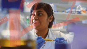 Animation of scientific data processing and dna strand over biracial female scientist. Global science, digital interface and data processing concept digitally generated video. - Powered by Shutterstock - Get 15% off with code: PIKWIZARD15