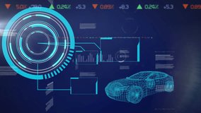 Animation of neon round scanner over interface with data processing against spinning car model. Automobile engineering and interface technology concept - Powered by Shutterstock - Get 15% off with code: PIKWIZARD15