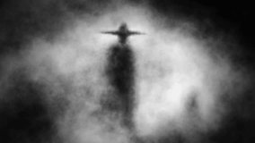 Scary man silhouette in raincoat and big hat. Gloomy 2d animation. Dark maniac character in fog.  Horror fantasy movie. Halloween ghost video clip. Spooky visions of hell. Black and white background.