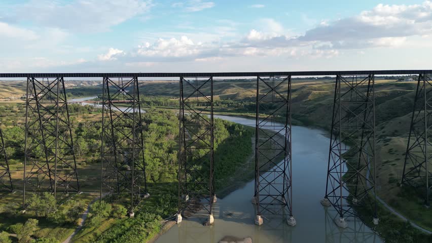 Aerial drone footage over the Lethbridge Viaduct in the town of Lethbridge, Alberta, Canada