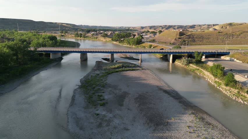 Aerial drone footage over the n in the town of Lethbridge, Alberta, Canada