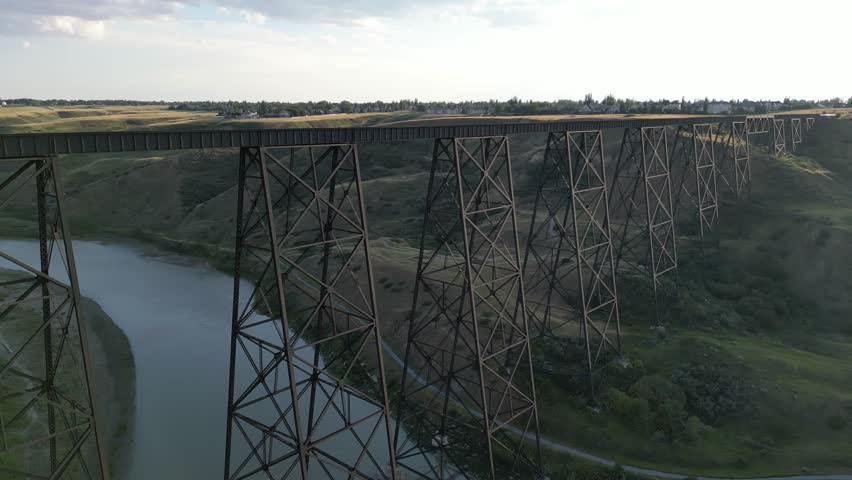 Aerial drone footage over the Lethbridge Viaduct in the town of Lethbridge, Alberta, Canada