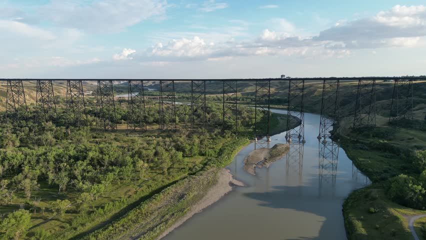 Aerial drone footage over the Lethbridge Viaduct in the town of Lethbridge, Alberta, Canada