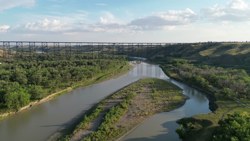 Aerial drone footage over the Lethbridge Viaduct in the town of Lethbridge, Alberta, Canada