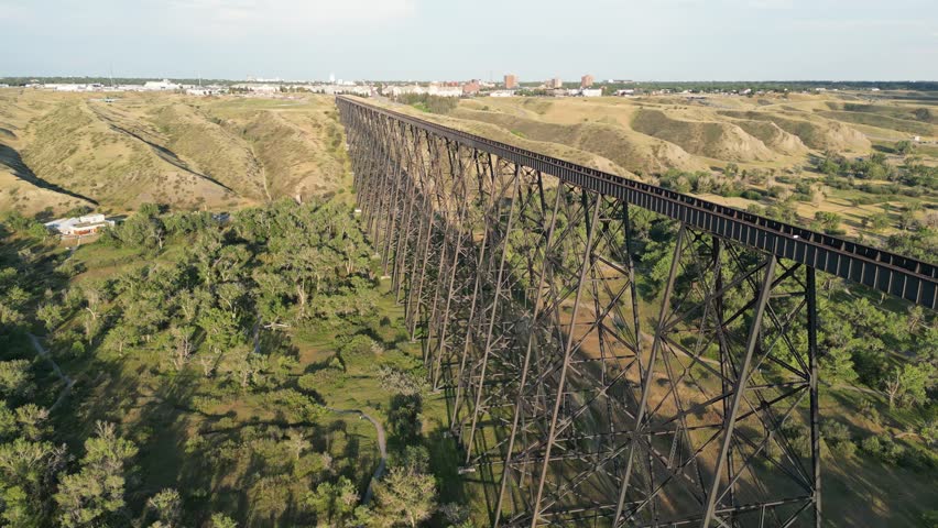 Aerial drone footage over the Lethbridge Viaduct in the town of Lethbridge, Alberta, Canada