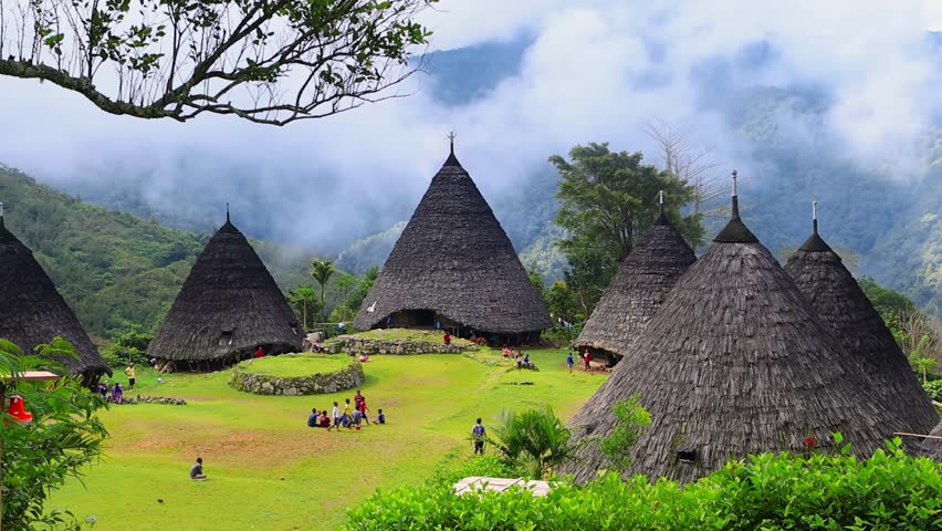 Wae Rebo village on Flores island in Indonesia, tourism in Indonesia, indigenous Indonesian tribes, mountain traditional aborigine village on foggy morning. High quality 4k footage Royalty-Free Stock Footage #1105919445