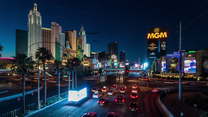 Las Vegas, Nevada, USA - July 19th 2020 - Timelapse of Las Vegas Boulevard with traffic and Casinos