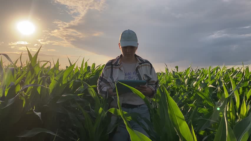 Front view young woman farmer walks through rows of corn in agricultural field in warm summer sunset. Female agronomist inputs data using digital tablet outdoors at dramatic sky backdrop. Golden hour