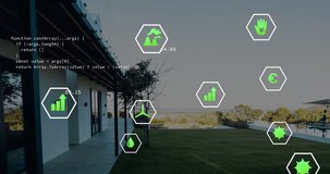 Animation of eco icons and data processing over house and landscape. Global business, digital interface, finances, computing and data processing concept digitally generated video.